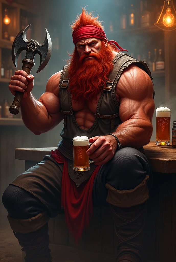A fire Genasi male, hair red, red skin, a dark red bushy beard a large battle axe in one hand and a mug of ale in the other. He’s kind of meh faced and sitting in a bar. Wearing a bandana on his head and a shirt no sleeves. Class fighter. Beard bushy