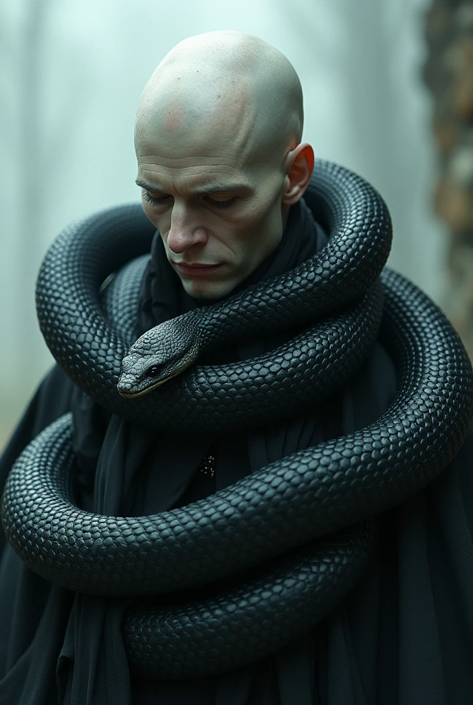 a bald albino and a black snake wrapped around his neck trying to kill him. Written on the snake's body are the words: resentment.