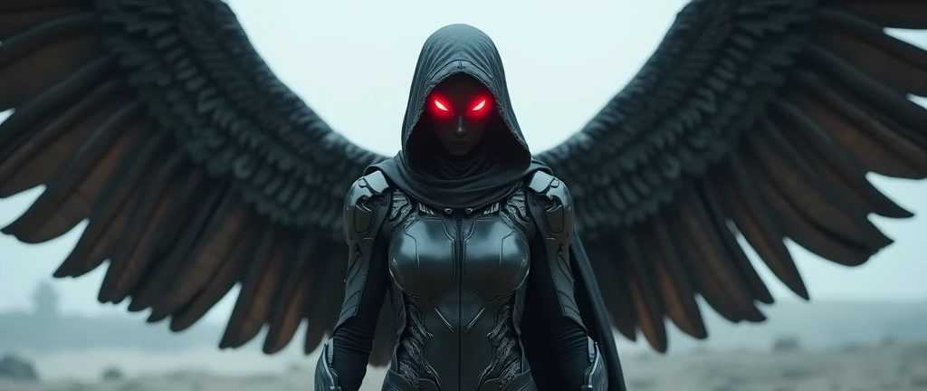 girl, a black and gunmetal grey combat suit that has a chest plate that does not define her chest, it is even across her front, with a cowl that covered her head and face, wearing half-moon goggles with illuminated red lenses. she has wings that were 30 feet wide, like a wyvern's wings