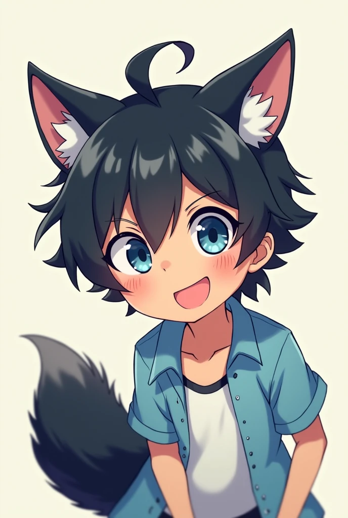 Cheerful anime boy with black hair, very conceited blue eyes and wolf ears and tail .