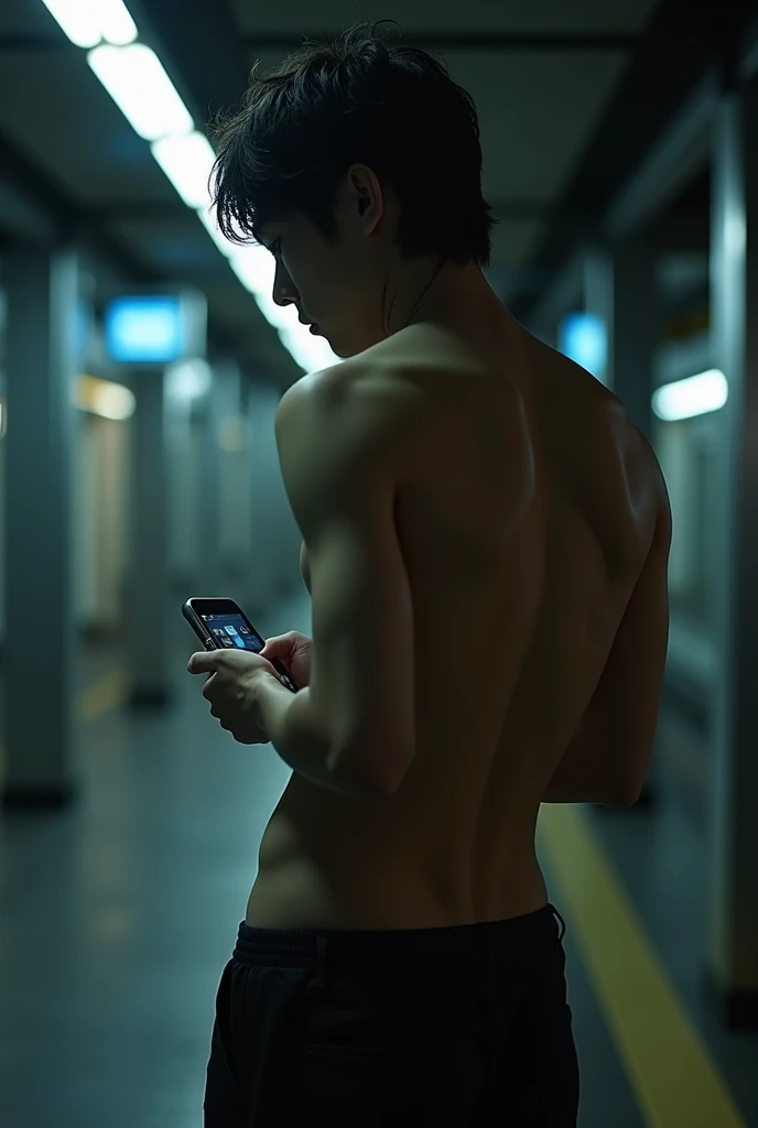 Real photo style、Realistic、Cute handsome man、Idol face、、Japanese、Slim body、Mash Hair、Completely naked、Full nudity、midnight、darkness、In front of the subway、Back view、Face turned to the side、Butt Exposed、Have a smartphone