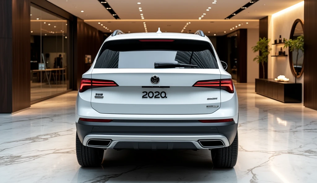 A rear-angle view of the luxurious new 2025 Skoda Kodiaq in a sleek white finish, parked in an upscale showroom. The vehicle showcases a glossy white exterior that emphasizes its refined lines and modern design. The distinctive taillights, with their sharp LED patterns, add a touch of sophistication against the elegant paintwork. The upscale showroom complements the vehicle with opulent elements such as polished marble floors, expansive glass walls, and stylish decor, all illuminated by refined lighting that accentuates the Skoda Kodiaq’s premium build and elegant features. The Skoda Kodiaq exudes a sense of modern luxury and craftsmanship, perfectly framed in this sophisticated environment.