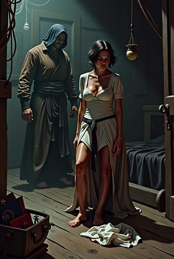 A servant is on a pirate ship as a slave. She has to obey to the captain and give physical pleasure to him. She has to leave her clothing on the ground and has to pleasure the captain.