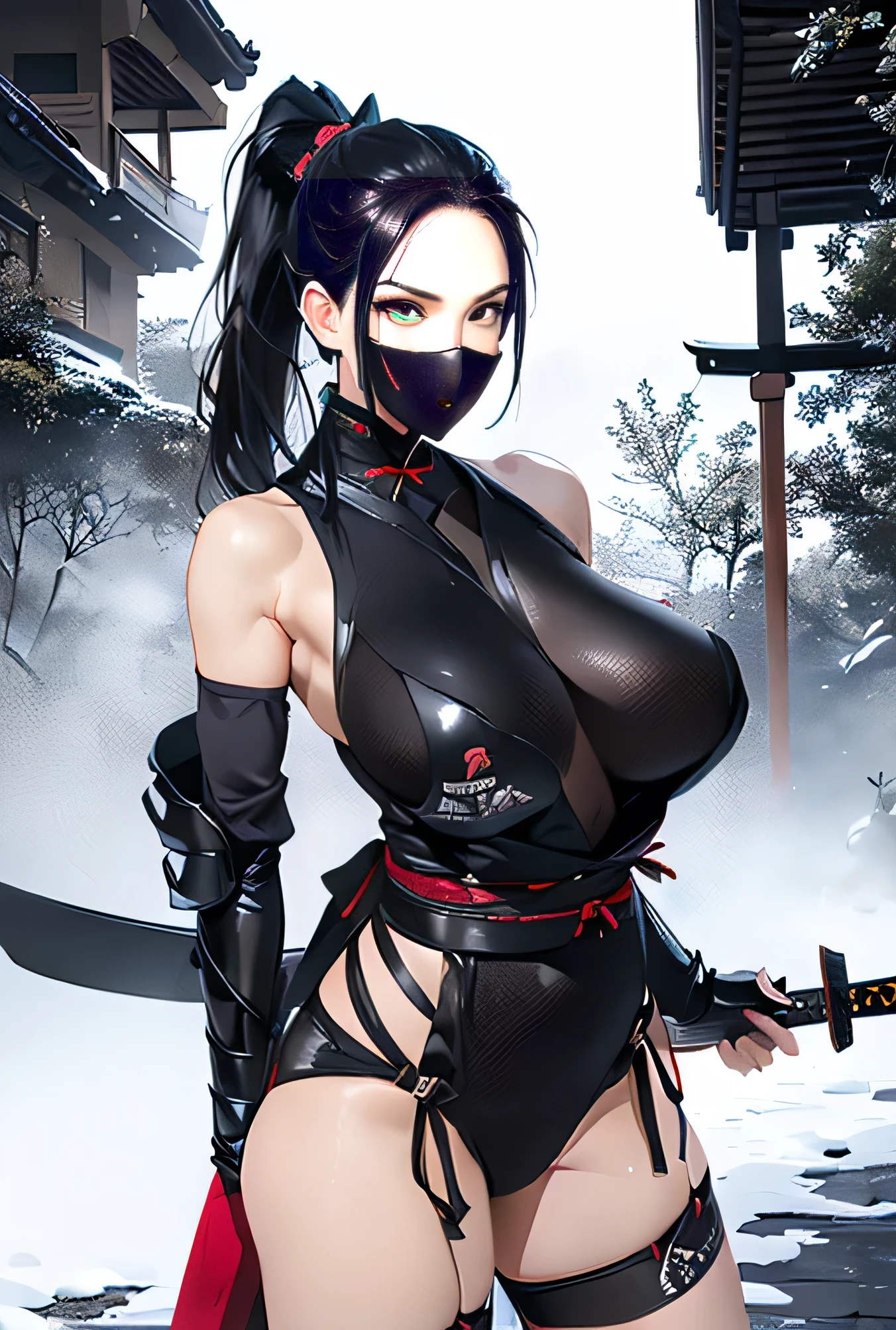 Thirty-year-old woman, 170 cm tall, (((((classic female ninja))))), model-like beauty, perfect features, ((((wearing in black　ninja armor)))), (((((no mask on her face:1.2))))), (((black ponytail with red ribbon))), chest area. Large exposed, (((((huge breasts visible:1.2))))), ((((holding a short ninja sword:1.2)))), Japanese castle in the background, standing on the roof tiles of the castle, (((((dynamic pose:1.1))))), (((high quality:1.1))), (((high resolution:1.1))), (((realistic:1.2))), ((((Detailed description:1.1)))), slim waist, plump upper body, plump lower body, perfect arms, perfect collarbone, perfect fingers, perfect five fingers, perfect hands, perfect limbs, perfect hips, Perfect butt, perfect thighs, perfect legs, movie lighting