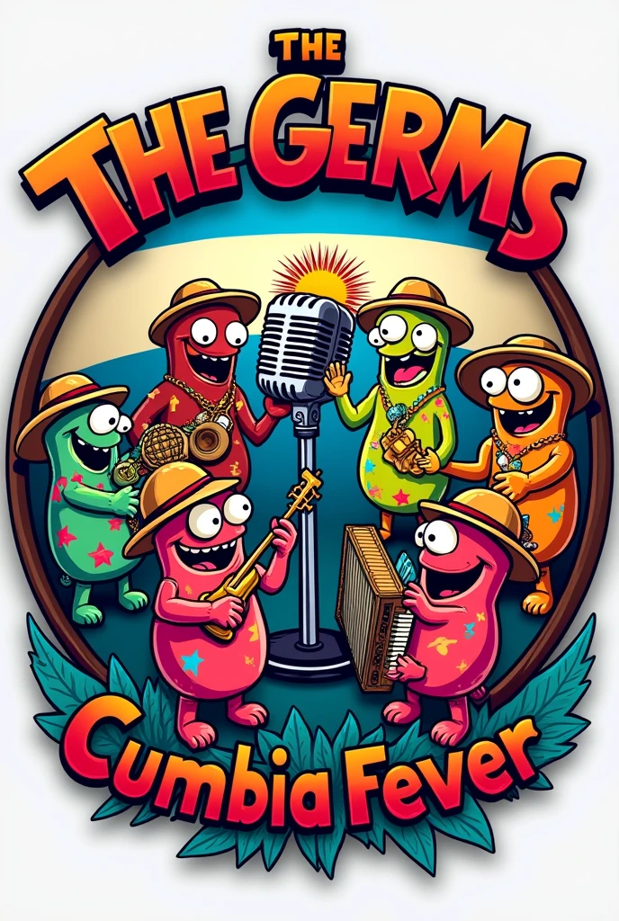 A round logo, eight musical germs, low, congas, acordeon a Piano, Piano, microphone that is in the middle, trumpet, Guiro. Round. Hawaiian shirt, straw hat.Colombian cumbia, It has to say at the top "the germs". At the bottom it should say "cumbia fever". Argentine flag in the background