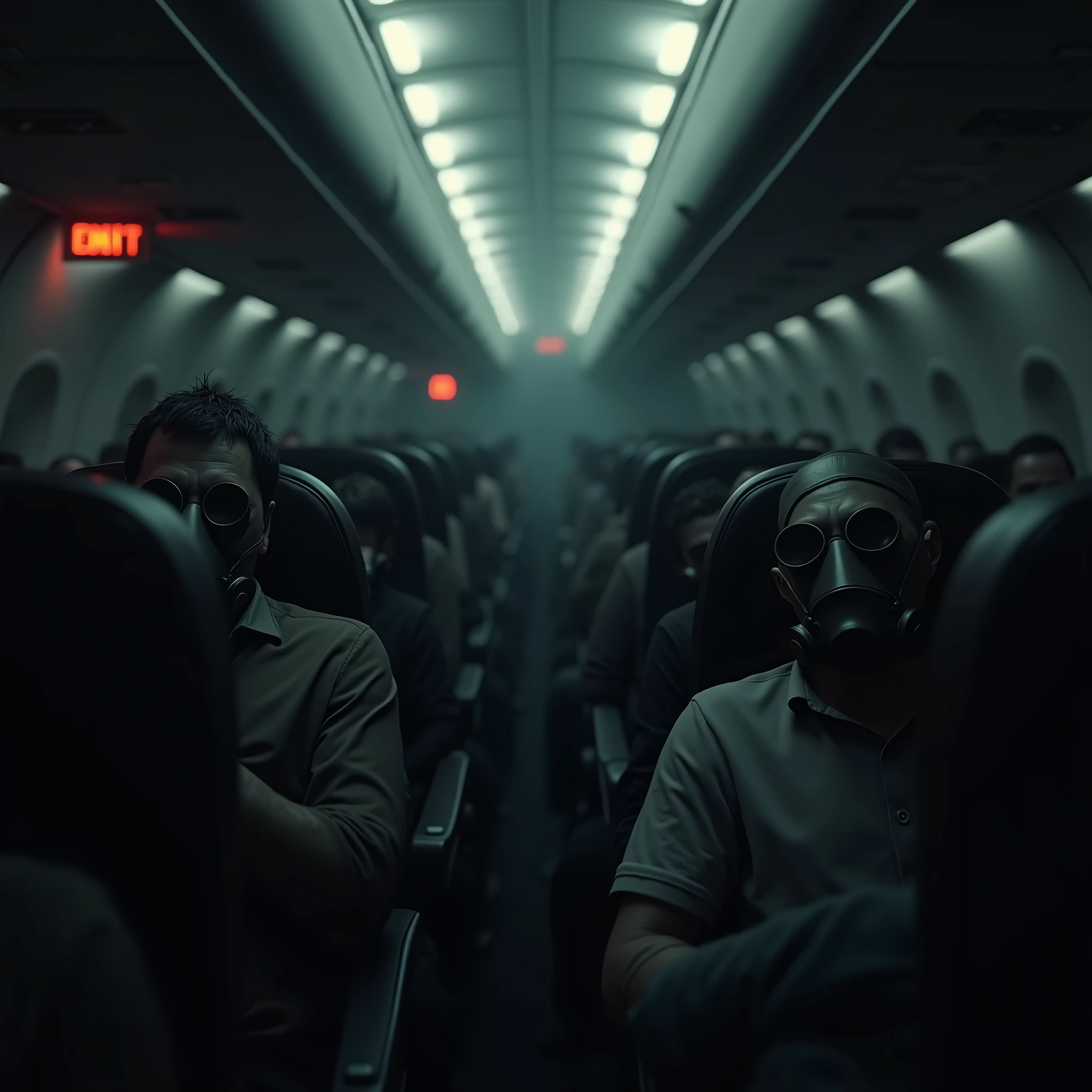 A dark and terrifying interior of an airplane cabin filled with lifeless passengers, each wearing eerie gas masks. The dim, flickering lights cast unsettling shadows, revealing the haunting scene of passengers slumped in their seats, their bodies lifeless and rigid. The gas masks, with their dark, empty eye sockets, add a disturbing element of fear, as if the passengers were trapped in a final, hopeless struggle for survival. The atmosphere is suffocating and heavy with despair, with an ominous sense of death lingering in the air. Emergency signs glow faintly in the background, barely illuminating the horror that fills the cabin. (extremely detailed CG unit 8K wallpaper, Artwork, best quality, ultra-detailed, hdr:1.2, dark and terrifying atmosphere, eerie lighting, horror vibes)