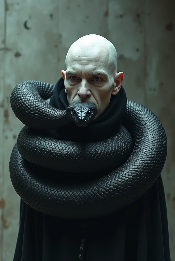 a bald albino and a black snake wrapped around his neck trying to kill him. Written on the snake's body are the words: resentment.