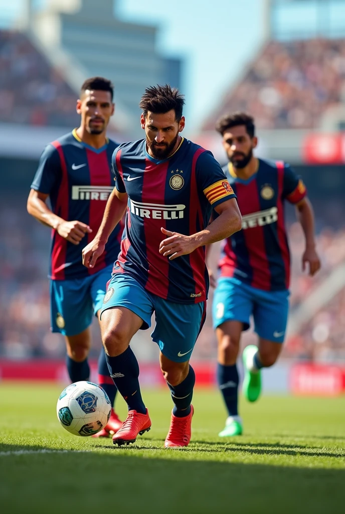 Lionel Messi, Jefferson Farfan and Paolo Guerrero playing soccer with the Inter Miami polo shirt