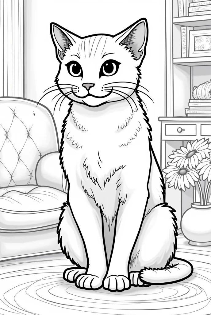 Create a black and white image of a male cat designed for coloring. The design should be detailed but accessible to color, with clear lines and spaces that allow for creative use of color. Each cat should be depicted in a home setting, with elements that add context but keep the focus on the animal itself. The overall style should be playful and engaging, suitable for children.