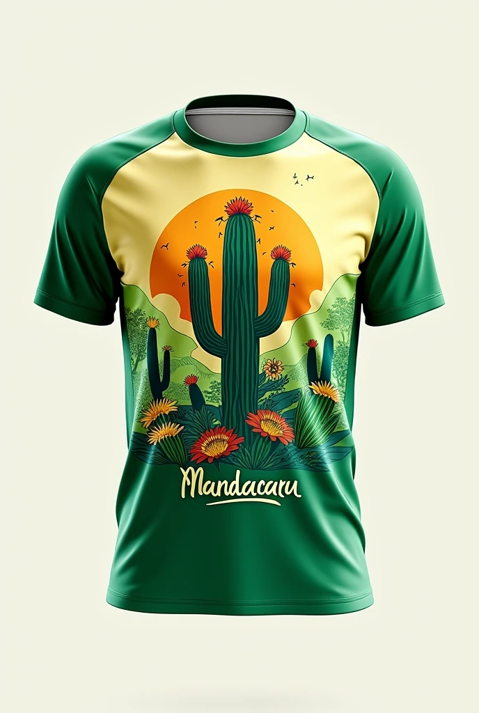 Create a team shirt with a northeastern style, green and white in color, in such a way that there is an appreciation of northeastern culture. A camisa deve ter um desenho de um mandacaru e o nome também! It should not have the Brazilian flag! But remove the Brazilian flag from the second image.! Furthermore, create the back image(back of the shirt). Value Northeastern culture more! mais bonito! Place a sun in the background of the image that has the mandacaru, to represent the people of the Northeast! must have the name "mandacaru".