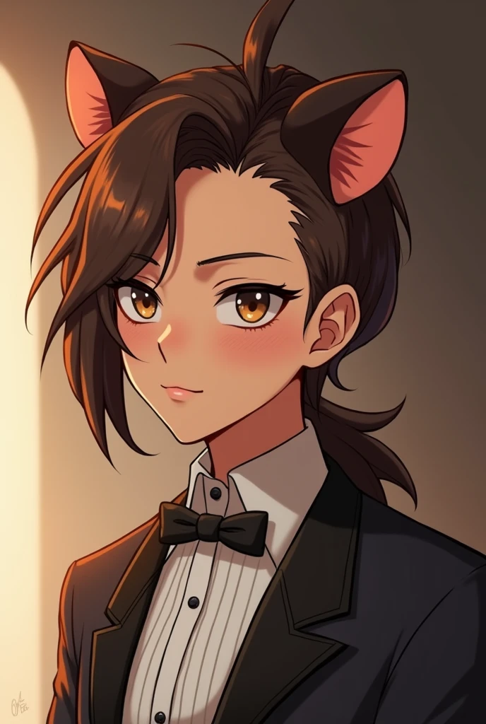 androgynous, half human, half guinea pig, seductive, cute, Brown hair, Brown eyes, brown skin, fit, fachero style, SERIOUS LOOK, Shota, docile, nobles, Peruvian, eyes, vtuber, anime
