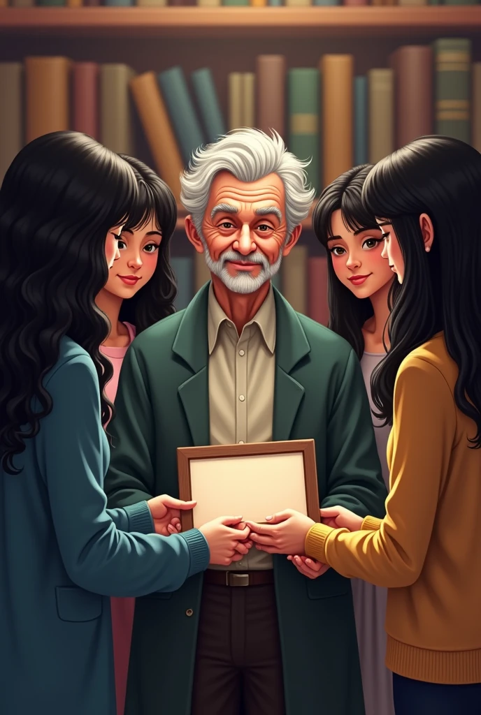 make this image with 5 girls all with long hair (3 with long dark curly hair and 2 with straight black hair) and a short old professor with white hair so we can give a gift to our university professor
