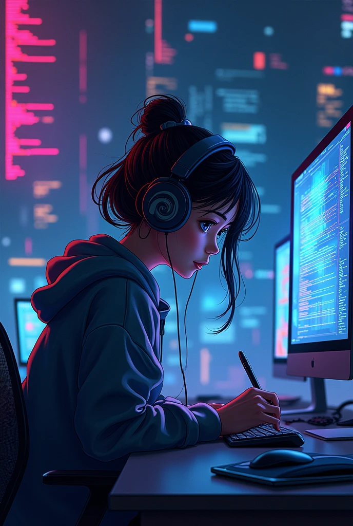 "An illustration of a girl wearing headphones, sitting in front of multiple computer screens in a dimly lit room doing coding. The person is focused on their work, with a vibrant mix of colors reflecting from the screens, giving the room a futuristic and digital atmosphere. The screens display various codes, data, and graphical interfaces, suggesting a tech-savvy environment. The person appears to be deeply engrossed in a programming or hacking task, with a stylus in hand, poised to make notes or adjustments.