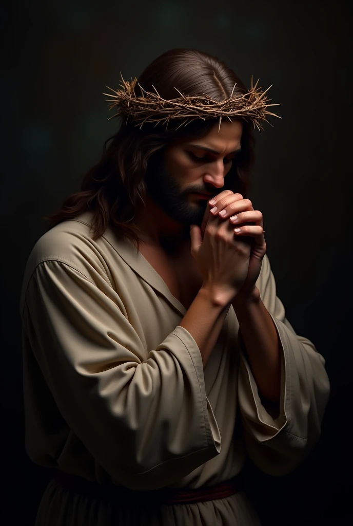 A solemn image of Jesus Christ wearing a crown of thorns, praying with a deeply contemplative and peaceful expression. His hands are clasped together in prayer, and his eyes are slightly closed as he looks downward. The background is dark and moody, with soft light highlighting Jesus' face and upper body, emphasizing the emotion and intensity of the moment. The image should convey a sense of spiritual depth and reverence.