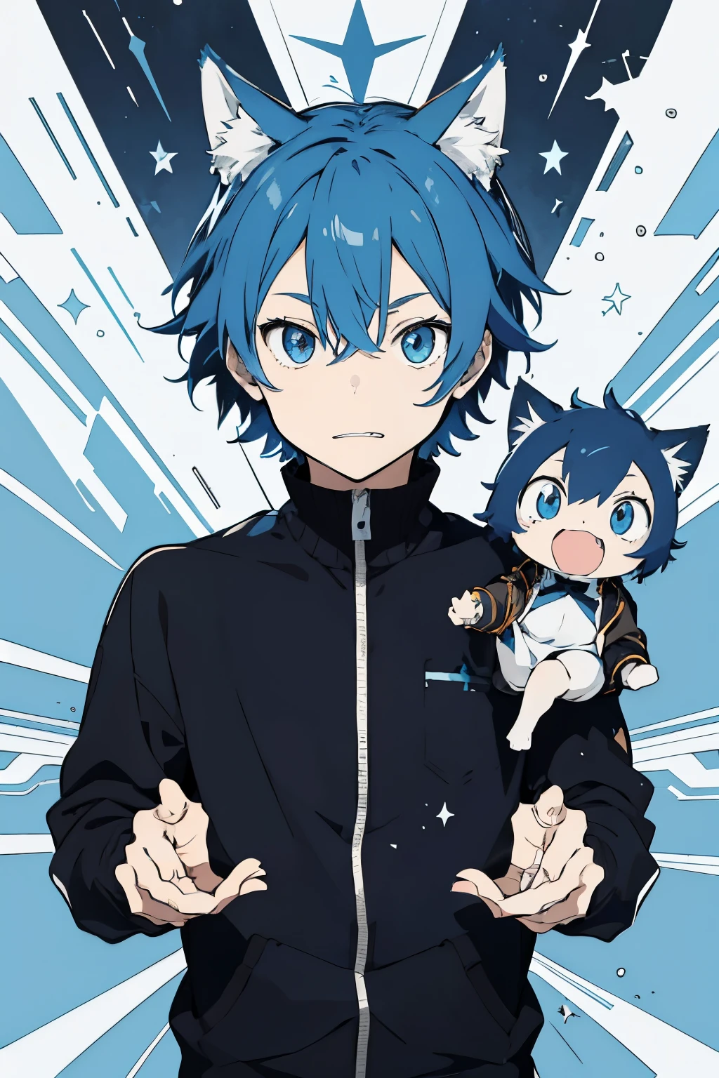 Anime boy with adventurous cat ears with bright blue hair color looking straight ahead , curious , funny ,Motivational