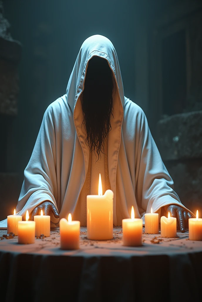 A spiritualist dressed in white with a table with Disney-style candles