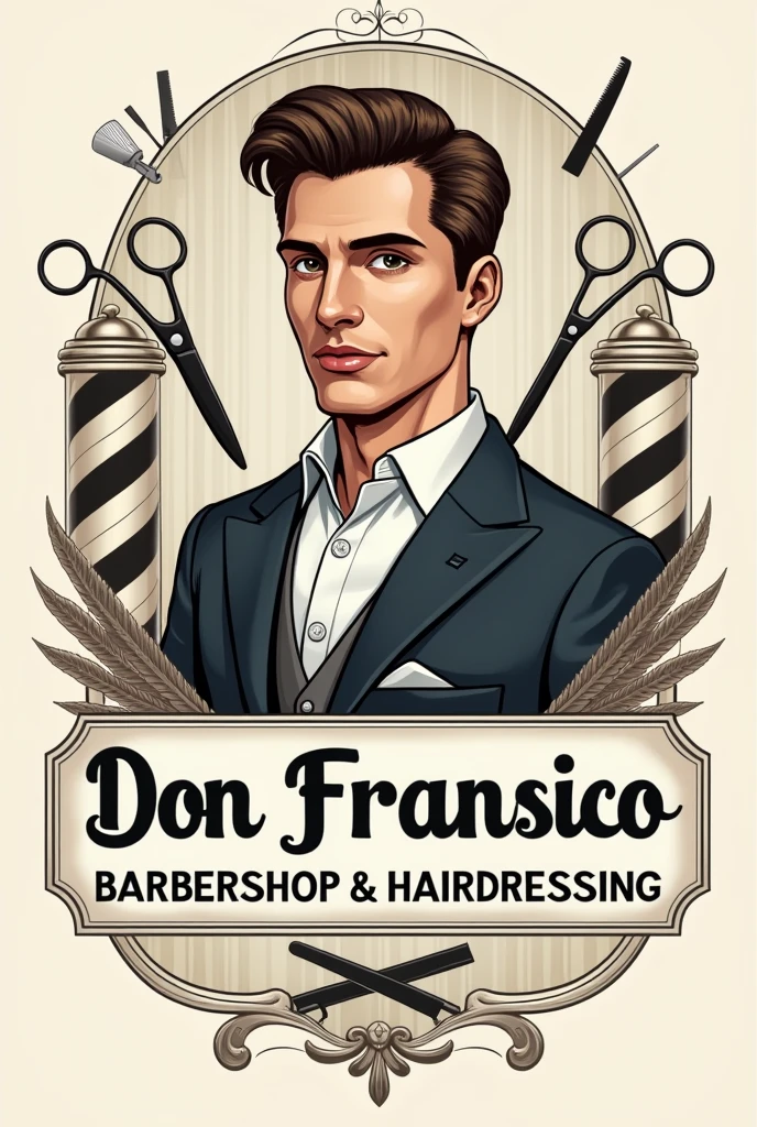 I would like to create a barbershop logo, which contains the following phrases, "Don Fransico" Barbershop and hairdressing. I would also like to add men's hairdressing items.