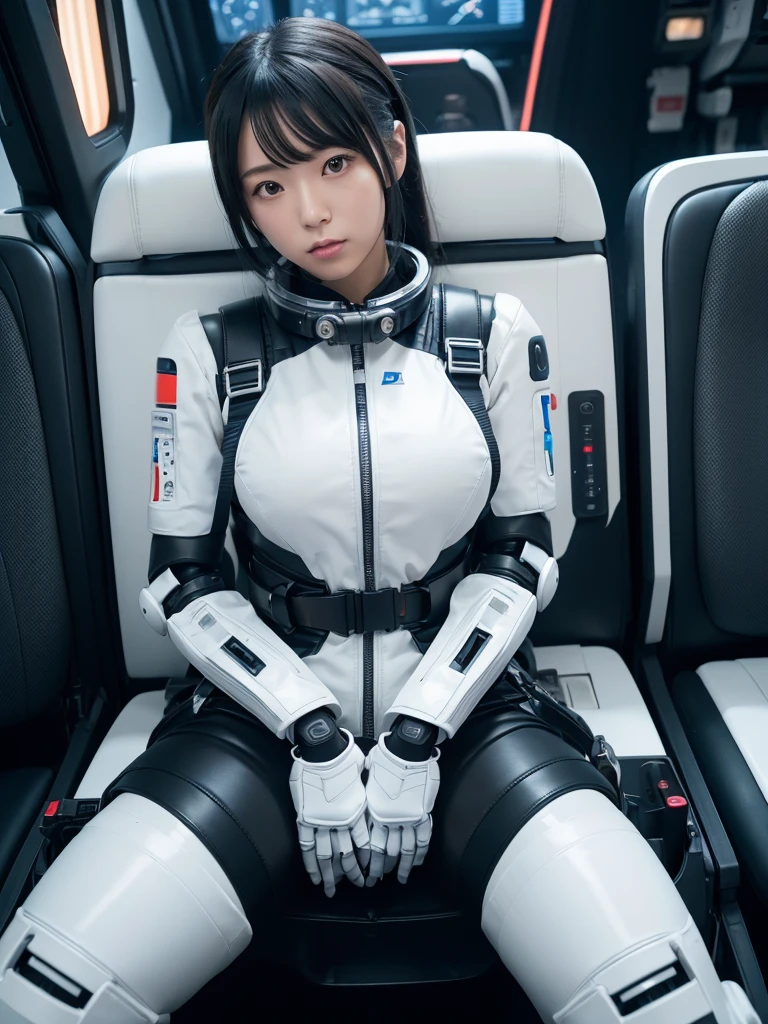 Japanese female android,Black Hair,Space station cockpit,Secured to the seat with a thick harness,Plump,Slightly thicker,Spread your legs,Squat,White robot suit,Robotic arms and legs,Cables coming out of his chest,Surrounded by switches and monitors,