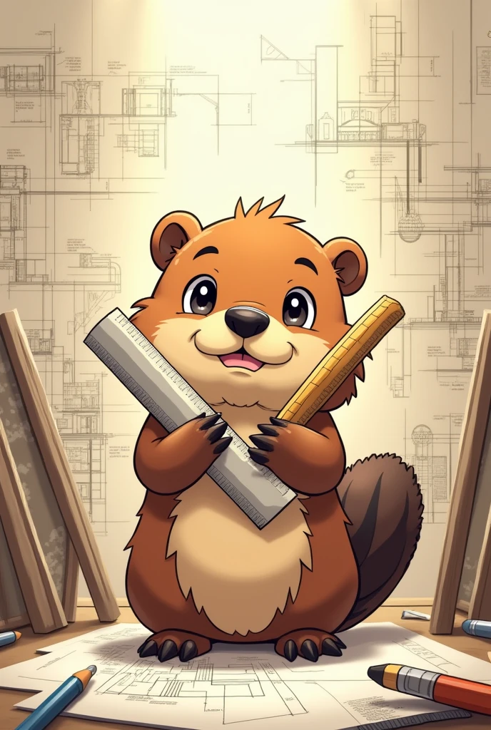 A young beaver with architectural drawing tools (anime style ) 