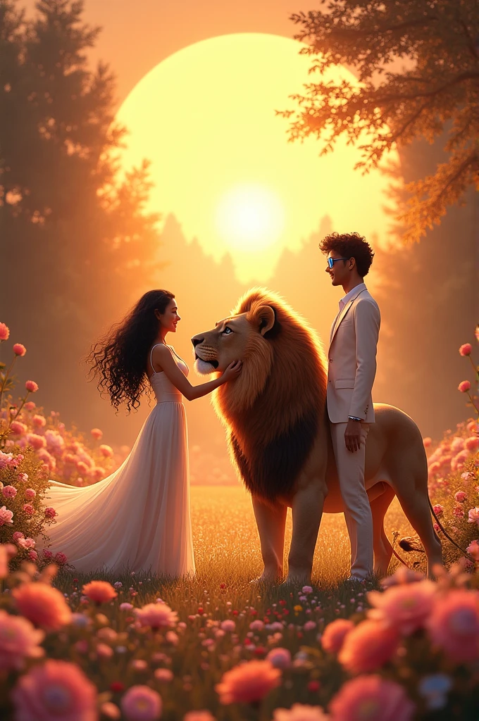 Wonderful shining sunset, with beautiful flowers in a vast and splendid Garden, branca parda curly black hair longo vestido branco brincando com um Leão. Tall woman with long curly blonde hair in white dress, tall white man, curly black hair, transparent blue glasses, white outfit. Beautiful plaque written: Happy Saturday.