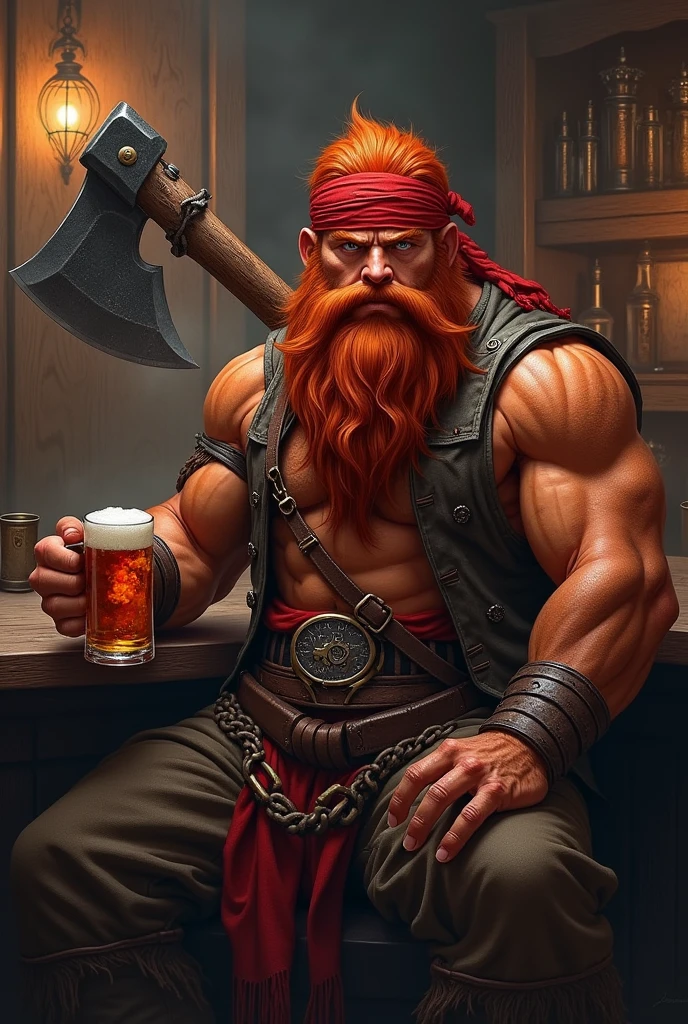 A fire Genasi male, hair red, red skin, a dark red bushy beard a large battle axe in one hand and a mug of ale in the other. He’s kind of meh faced and sitting in a bar. Wearing a bandana on his head and a shirt no sleeves. Class fighter. Beard bushy
