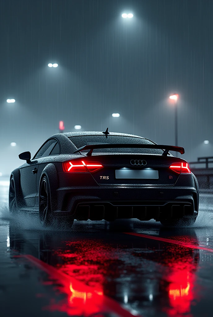 Audi TTRS 2021 in black with black rims and a big spoiler at night with lights on while rain driving