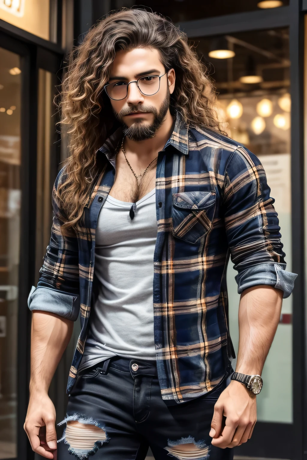 Robust young man, black ripped jeans, open plaid shirt, long beard, little mustache, glasses, long curly hair, intellectual appearance.