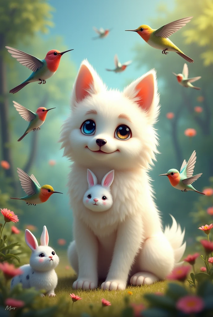 The birds in option 1 are better but a hummingbird is missing., In the heart of the Samoyed there must be a white freshpoddlemini and the eyes of the Samoyed are one blue and one brown, It is better for the Samoyed to look forward., Next to the birds there must be a white rabbit with black spots 