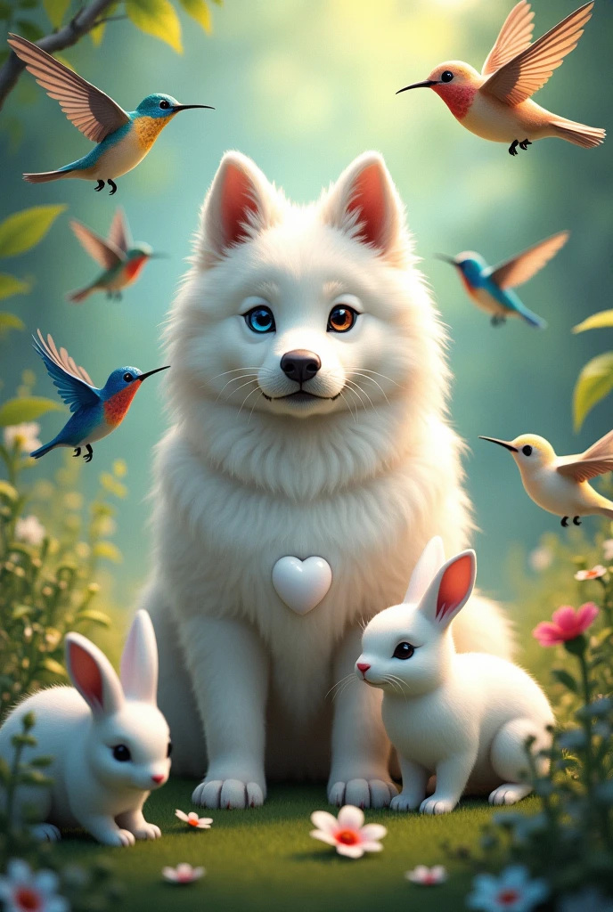 The birds in option 1 are better but a hummingbird is missing., In the heart of the Samoyed there must be a white freshpoddlemini and the eyes of the Samoyed are one blue and one brown, It is better for the Samoyed to look forward., Next to the birds there must be a white rabbit with black spots
