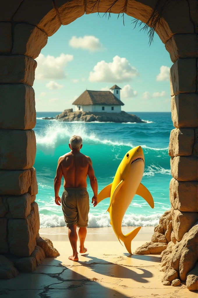 Juan enters the house on the sea with a yellow shark