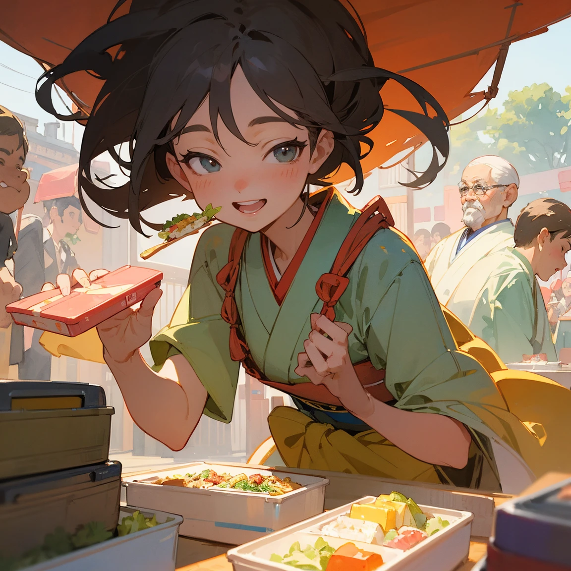 Illustrations for children's picture books,realistic, detailed illustration,A lively town square filled with people of all ages, from children to elderly, eating japanese style bento boxes. Their faces are visibly brightening as they eat, with smiles spreading across their features. Some people are literally bouncing or floating slightly off the ground, as if gravity has lessened its hold on them. The atmosphere is joyful and energetic, with a subtle magical glow surrounding the japanese style lunch box eaters, (focus on lunch box:1.2)., hand-painted style, digital art touch,(illustration:1.5), (Watercolor:1,2)