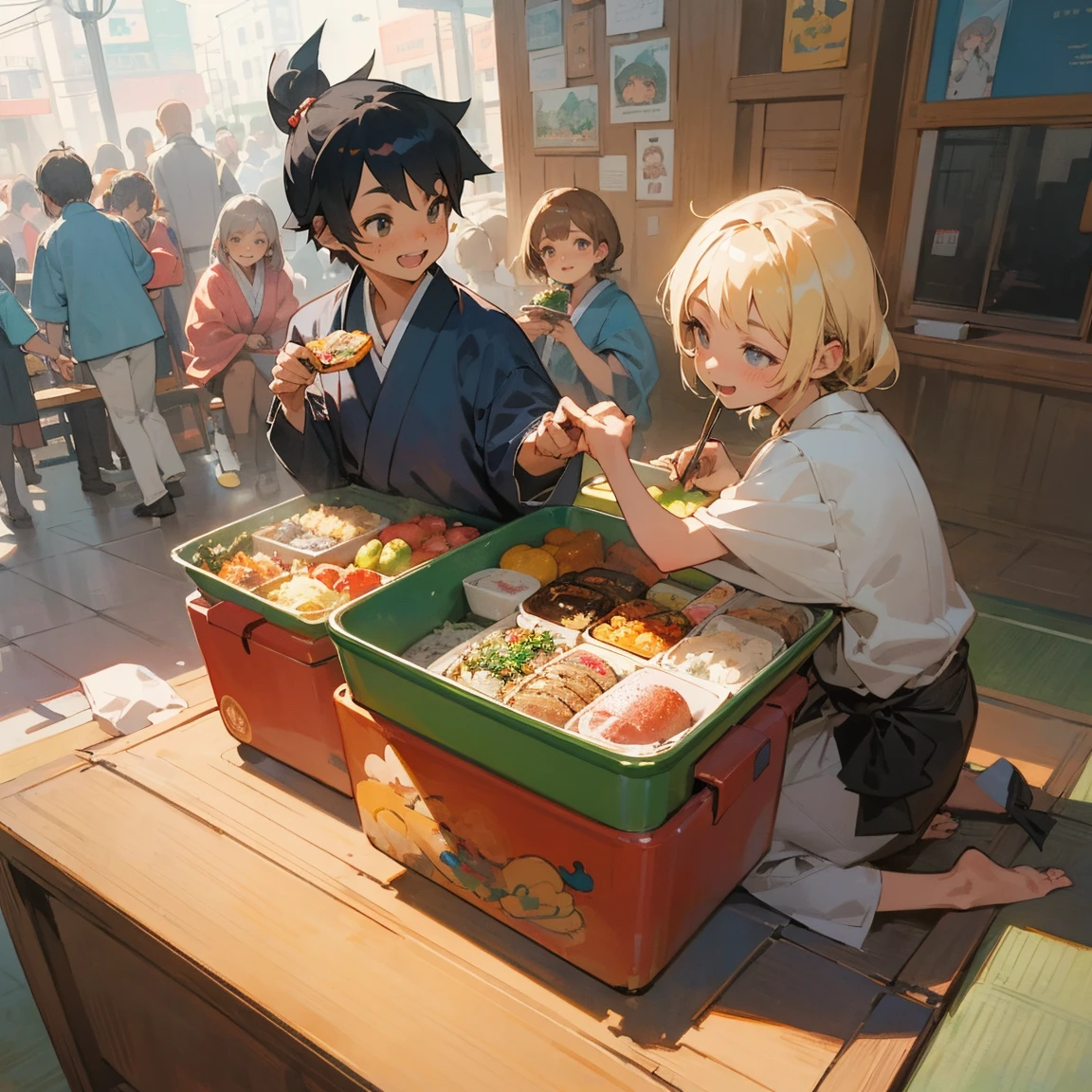 Illustrations for children's picture books,realistic, detailed illustration,A lively town square filled with people of all ages, from children to elderly, eating japanese style bento boxes. Their faces are visibly brightening as they eat, with smiles spreading across their features. Some people are literally bouncing or floating slightly off the ground, as if gravity has lessened its hold on them. The atmosphere is joyful and energetic, with a subtle magical glow surrounding the japanese style lunch box eaters, (focus on lunch box:1.2)., hand-painted style, digital art touch,(illustration:1.5), (Watercolor:1,2)