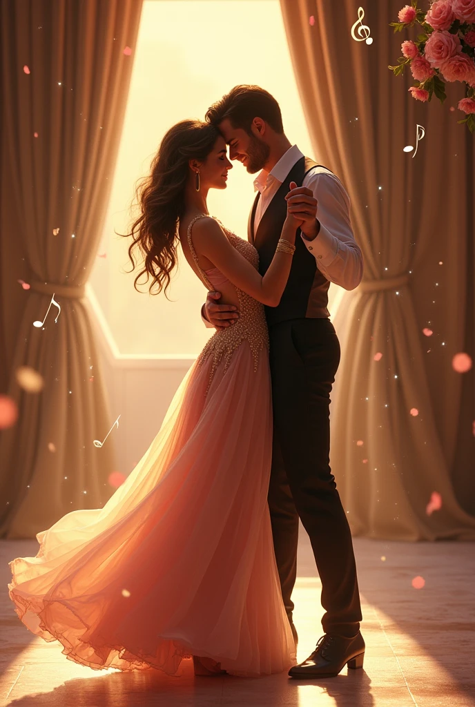 Main Visual Elements:
1. center image:The cover features Lara and Gabriel in the center, capturing an intimate and romantic moment. They are in the middle of a sensual and expressive dance. Lara wears a flowing and elegant dance dress, with details that capture the light softly, while Gabriel is in an outfit that highlights his confident and elegant posture. Their bodies are close, and the emotional connection between them is visible through their looks and facial expressions.
2. background environment:The backdrop is a combination of a luxurious dance floor and a cozy resort atmosphere.. The setting is softly lit with stage lights and warm tones., creating a romantic and magical atmosphere. Elements such as velvet curtains and soft lighting contribute to the feeling of a special and exclusive evening..
3. **Additional Detail:small details, like flowers or musical notes, can be scattered around the scene to add a touch of elegance and symbolize the importance of music and dance in the story. Flowers can be represented with soft shades of pink and gold, while musical notes can float ethereally around the characters.
Predominant Colors:
- Gold and Pink: Warm, soft colors that evoke a feeling of romance and celebration. Gold can be used to represent light and the magic of dance., while pink offers a touch of softness and affection.
- Neutral and Warm Tones: For the background and details, shades like cream, beige and ivory are used to create a cozy and elegant atmosphere. These tones also help to highlight the characters without overloading the cover with very intense colors..
Emotional Tone of the Narrative:
- Romantic and Intense:The cover should convey a deep sense of romance and connection between Lara and Gabriel.. The image of the dance should capture the intimacy and passion that defines their relationship.. Soft light and elegant details should create a sense of magic and fulfillment., reflecting the journey