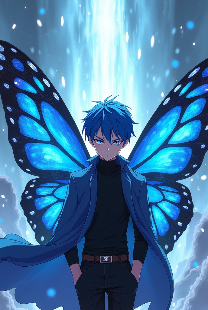 Anime boy with blue hair, blue eyes very conceited, egocentric and butterfly wings .