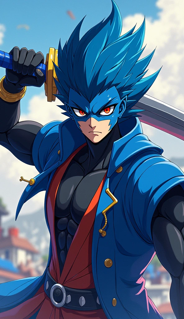 sanraku character, from the anime, SHANGRILA FRONTIER, with a sword in his hand and his face painted blue, 2 d anime, trigger anime art style, 坏蛋动漫8 K, 2d anime style, avian warrior, gurren lagann, rimuru storm profile picture, 2d art, 2d art, Shikanosuke Yagaki, Otaku de Ganga, segura uma espada独奏, 独奏, gazing at viewer, Masterpiece artwork,