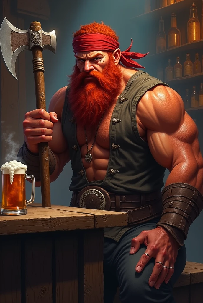 A fire Genasi male, hair red, red skin, a dark red bushy beard a large battle axe in one hand and a mug of ale in the other. He’s kind of meh faced and sitting in a bar. Wearing a bandana on his head and a shirt no sleeves. Class fighter. Beard bushy 