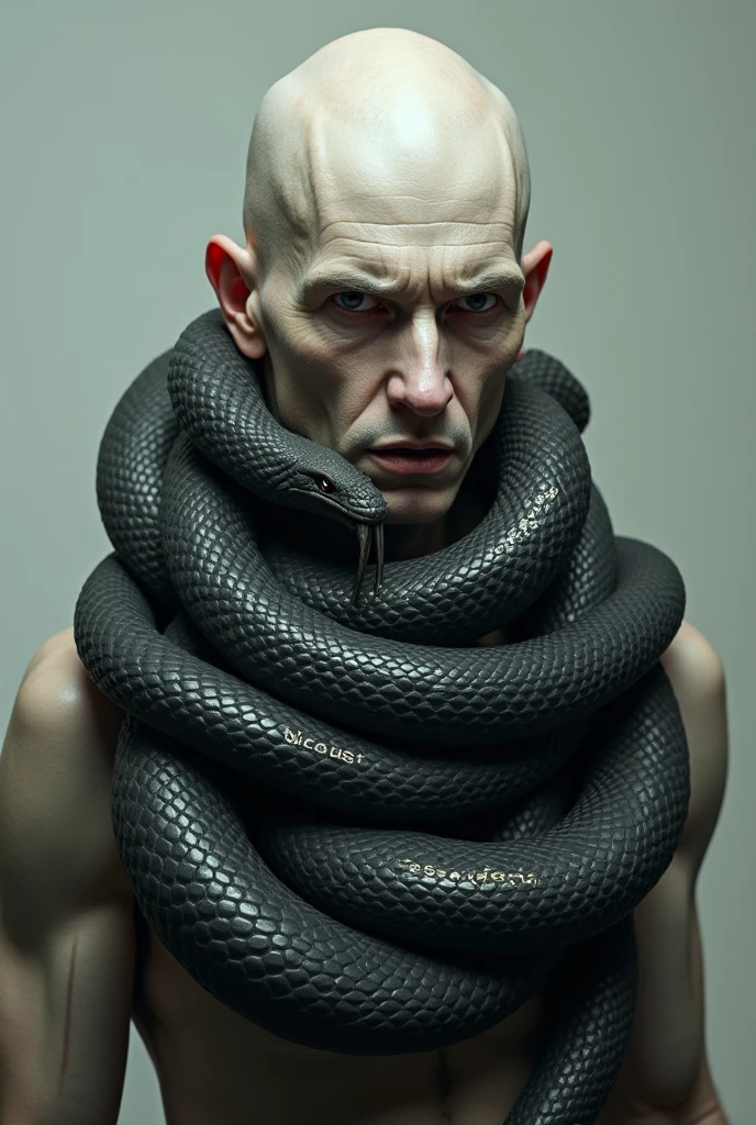 a bald albino and a black snake wrapped around his neck, lunging towards his face. Written on the snake&#39;s body are the words: resentment.