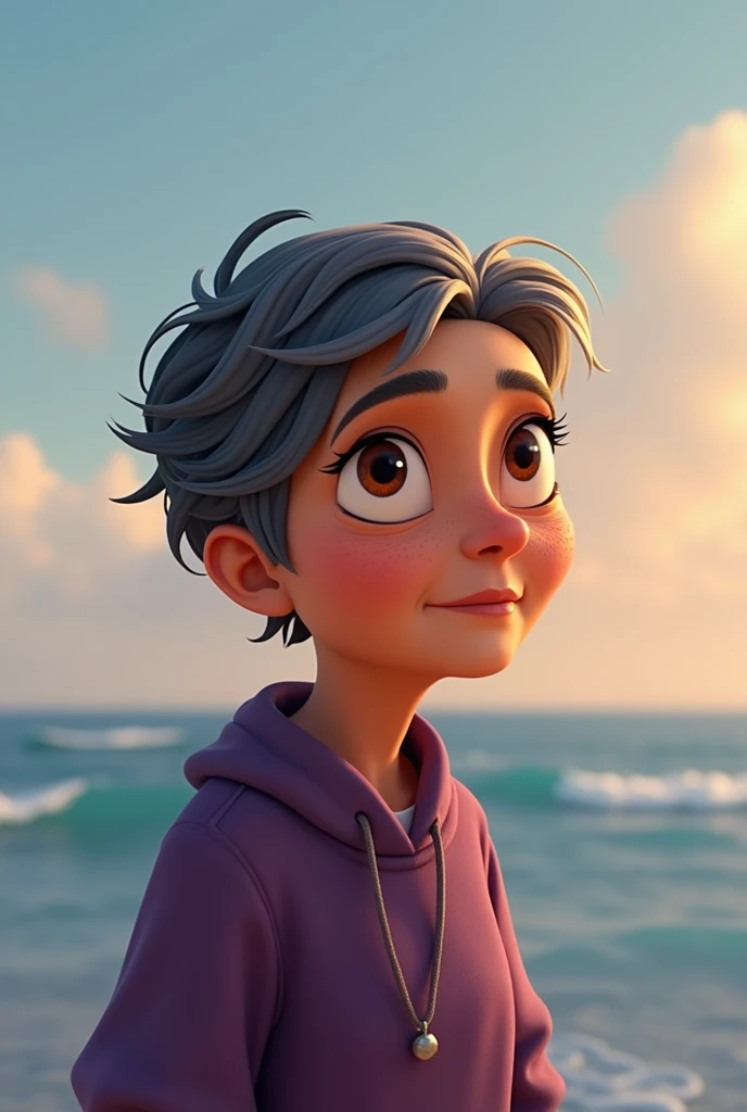 In animation, An elderly person who is a woman and Bolivian, He has short, black hair, His eyes are brown and he has a calm and serene expression.. He is wearing a purple sweater, Behind her are the words "marina"