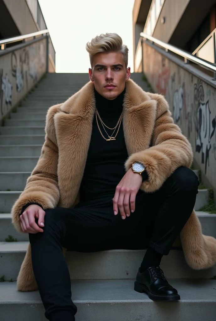 "Photo of a 2 man with blonde hair, a mid-fade, and light blue eyes, sitting on a concrete staircase. He is wearing a black turtleneck and a large fur coat, accessorized with a gold necklace. The surroundings are urban and contemporary, perhaps with interesting architectural elements or graffiti in the background. The natural light softly illuminates his face and highlights the contrast between the fur coat and the black top, creating a casual yet stylish image that is ideal for Instagram.The image captures his striking presence, with his sleek, modern clothes contrasting against the dark background. The high-quality photography exudes a sense of power and style,