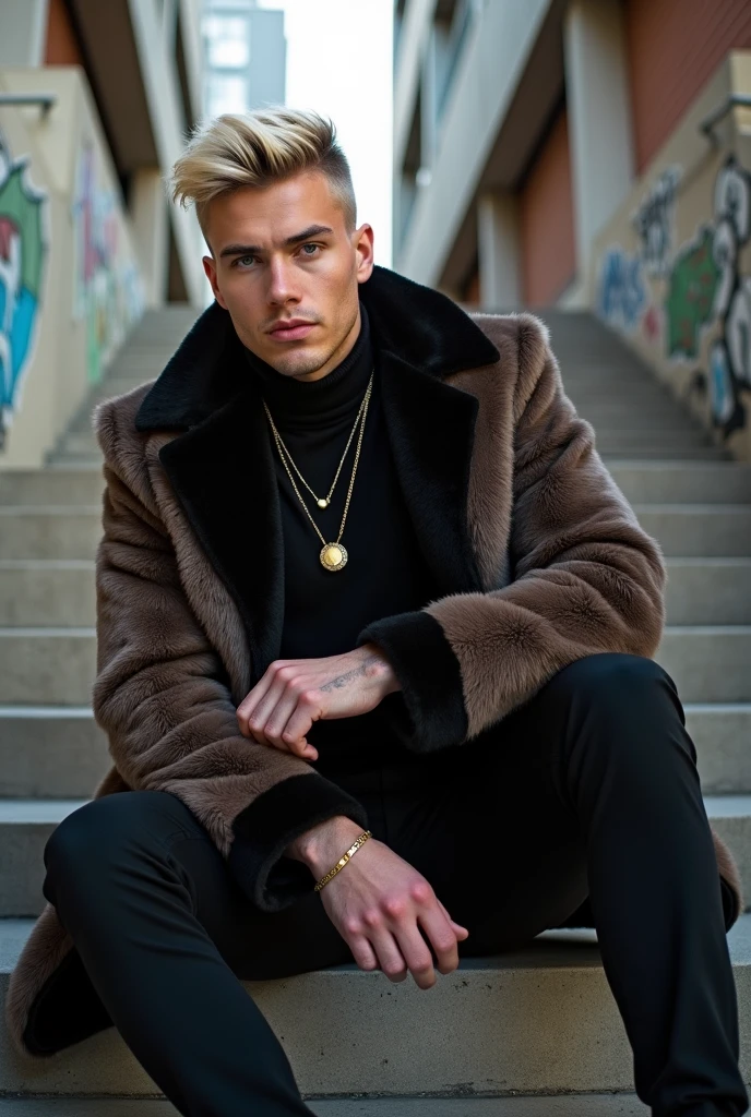 "Photo of a 2 man with blonde hair, a mid-fade, and light blue eyes, sitting on a concrete staircase. He is wearing a black turtleneck and a large fur coat, accessorized with a gold necklace. The surroundings are urban and contemporary, perhaps with interesting architectural elements or graffiti in the background. The natural light softly illuminates his face and highlights the contrast between the fur coat and the black top, creating a casual yet stylish image that is ideal for Instagram.The image captures his striking presence, with his sleek, modern clothes contrasting against the dark background. The high-quality photography exudes a sense of power and style,