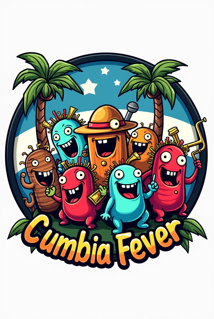 A round logo, eight musical germs, low, congas, acordeon a Piano, Piano, microphone, trumpet, Guiro. Round. Hawaiian shirt, straw hat.Colombian cumbia, It has to say at the top "the germs". At the bottom it should say "cumbia fever". Argentine flag in the background