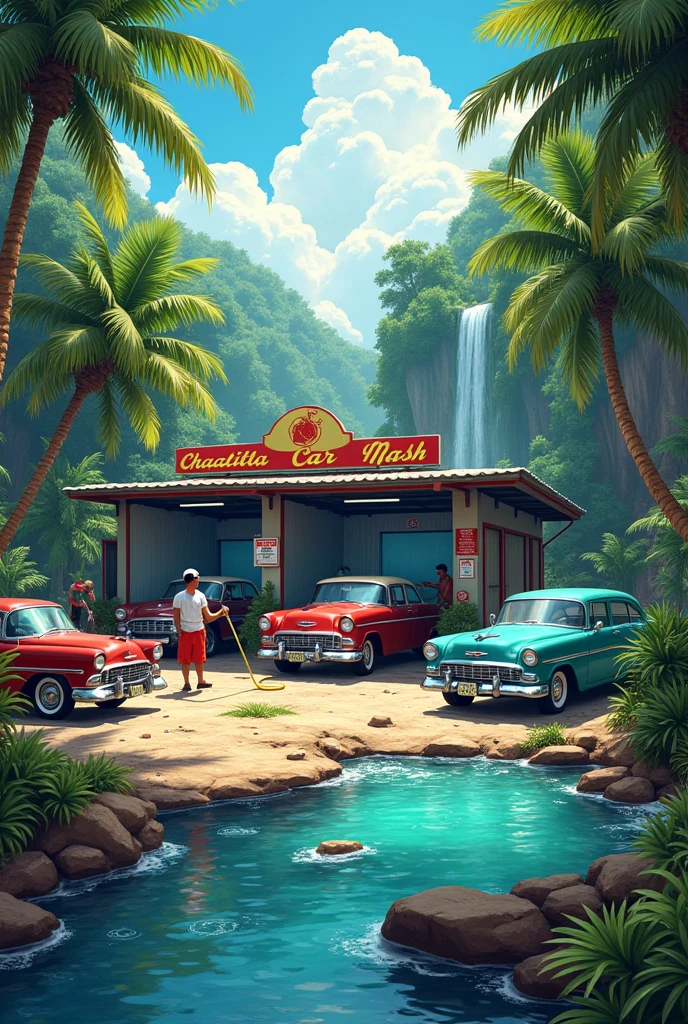 Make me an illustration of a striking car wash with things from the Huasteca Potosina. It is called CHACATITLA car wash.