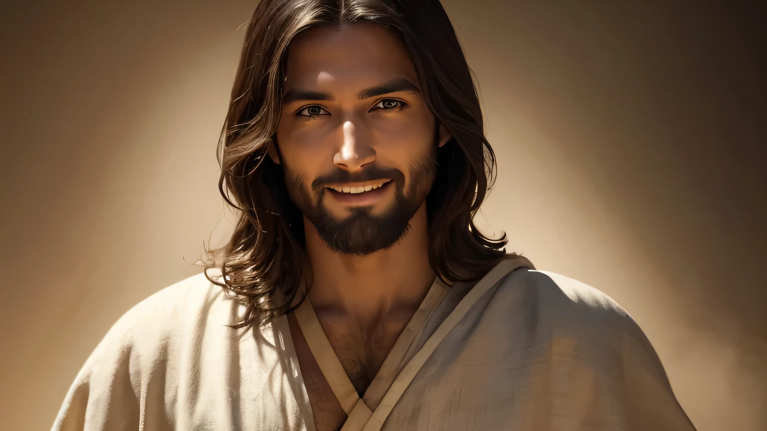 A smiling Jesus, wearing an old, worn white tunic, with a red belt, detailed facial features, beautiful eyes, nose, and lips, highly detailed, photorealistic, 8k, masterpiece, digital painting, oil painting, dramatic lighting, warm color tones, chiaroscuro, dramatic shadows, cinematic composition, inspirational, religious, spiritual