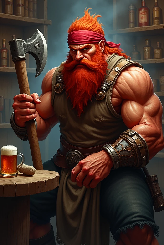 A fire Genasi male, hair red, red skin, a dark red bushy beard a large battle axe in one hand and a mug of ale in the other. He’s kind of meh faced and sitting in a bar. Wearing a bandana on his head and a shirt no sleeves. Class fighter. Beard bushy
