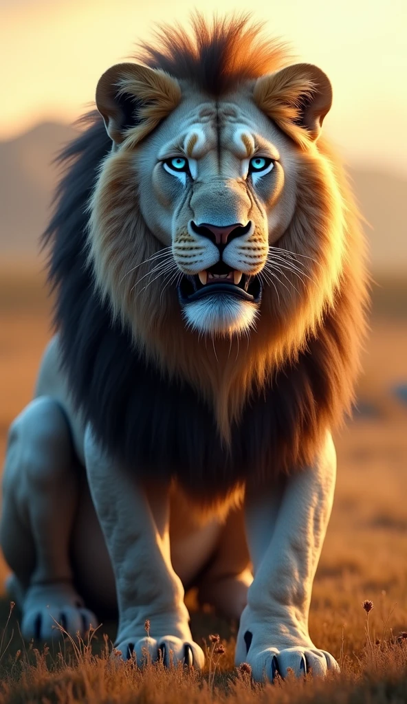 Generate an ultra realistic 8k image of a big strong blue-eyed lion