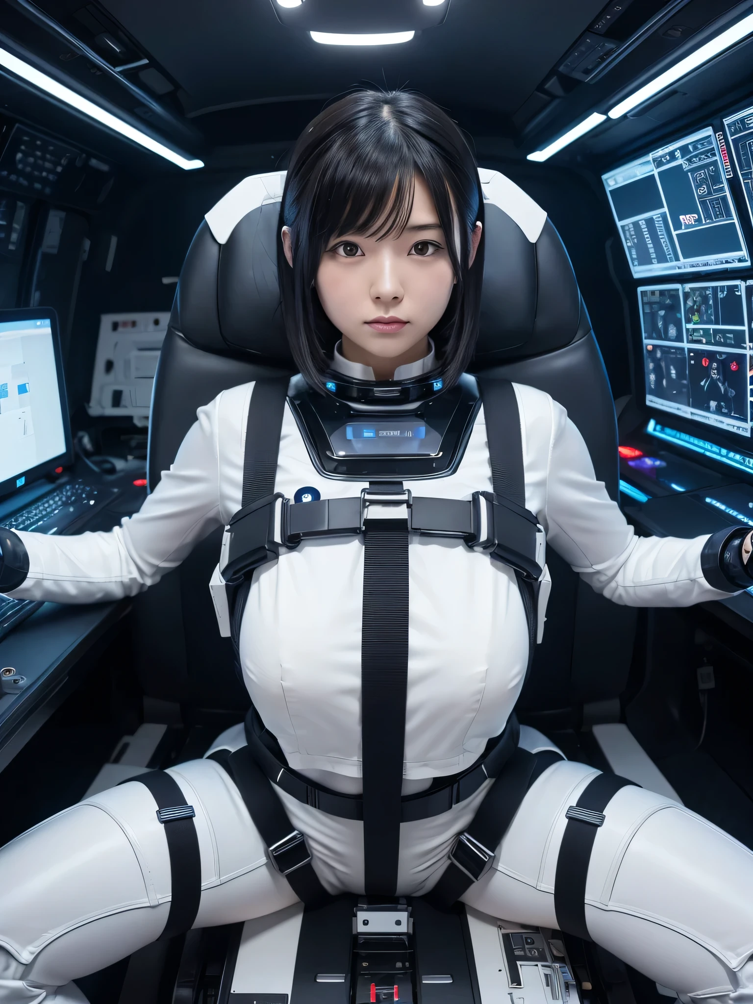 Japanese female android,Black Hair,Space station cockpit,Secured to the seat with a thick harness,Plump,Slightly thicker,Spread your legs,Squat,White robot suit,Robotic arms and legs,Cables coming out of his chest,Surrounded by switches and monitors,