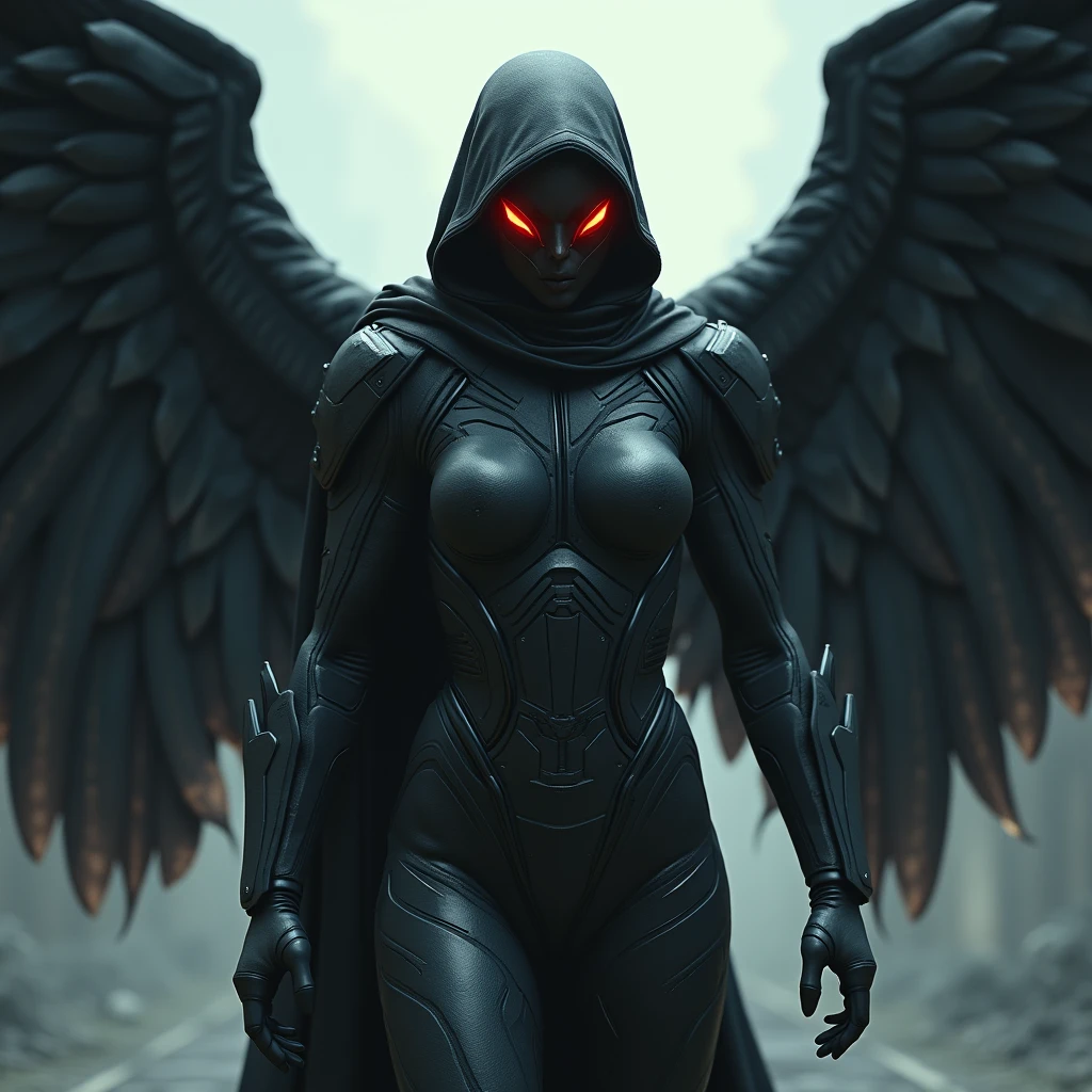 girl, a black and gunmetal grey combat suit that has a chest plate that does not define her chest, it is even across her front, with a cowl that covered her head and face, wearing half-moon goggles with illuminated red lenses. she has wings that were 30 feet wide, like a wyvern's wings. make her terrifying
