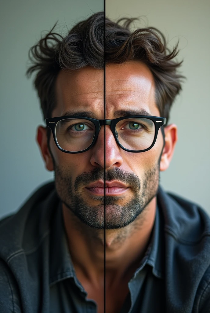 **"A split image of a man with two half-portraits. On the left side, the man looks worn out and burdened, with a downcast expression, showing signs of struggle and hardship. On the right side, the man appears knowledgeable and confident, wearing glasses, with a focused and intelligent expression. Both sides should clearly contrast the man’s appearance, from uneducated and troubled on the left to educated and composed on the right