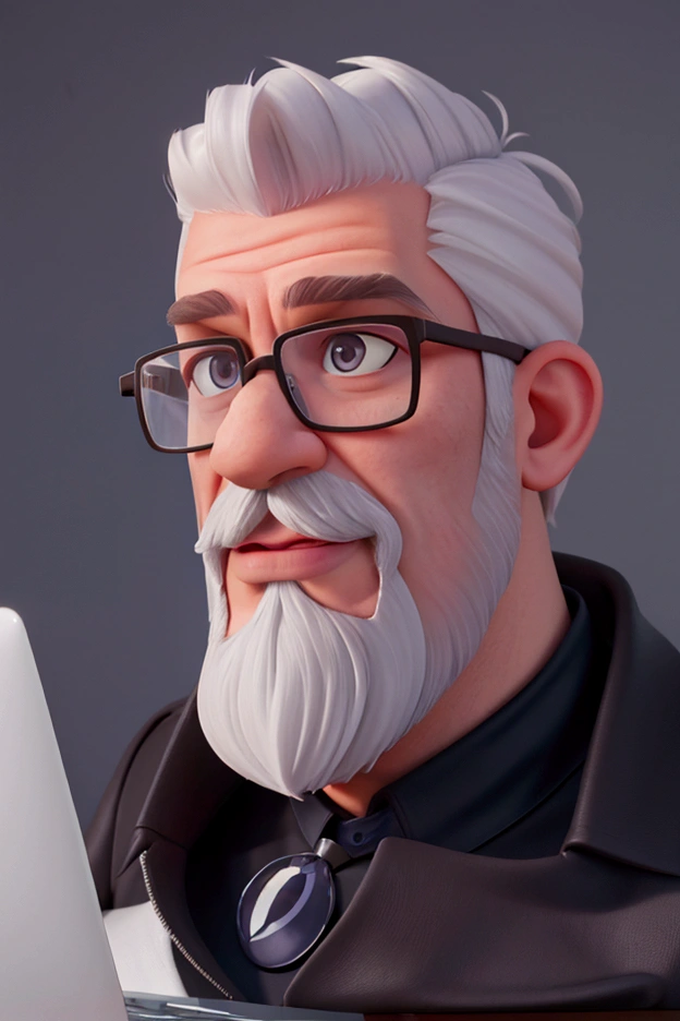 Man with glasses and white beard, on a MacBook, pixar style, Thierry Doizon, Andreas Wiese, Vincent Maréchal, Frederick Daoust, Thierry Rouzier, Marcos Verhaagen, headshot profile photo, 8k autophoto, avatar image, with glasses and goatee, man with glasses, taken in the early 2020s