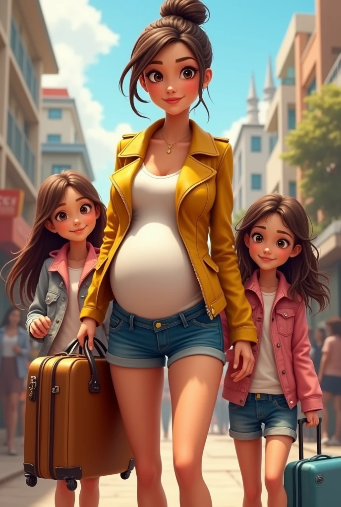 Femme enceinte cheveux attaché veste cuir jaune mini short jean grand sac a main valise, avec ses filles 